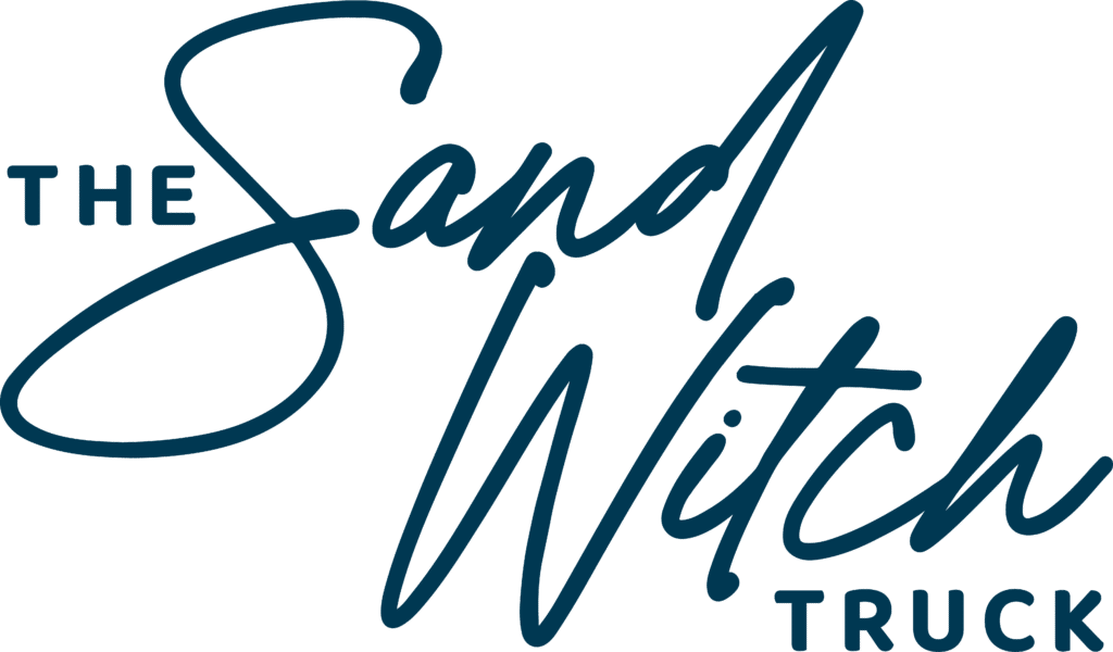 The SandWitch Truck logo in blue script, featuring the words "The SandWitch Truck" in a playful, coastal design. Our vibe is: beachy, fun, and always delicious!