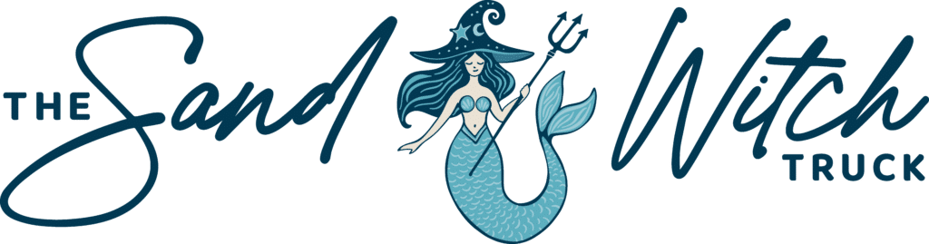 The SandWitch Truck logo: A mermaid witch in a starry hat holds a trident, tail scales glistening. Tasty magic on wheels!