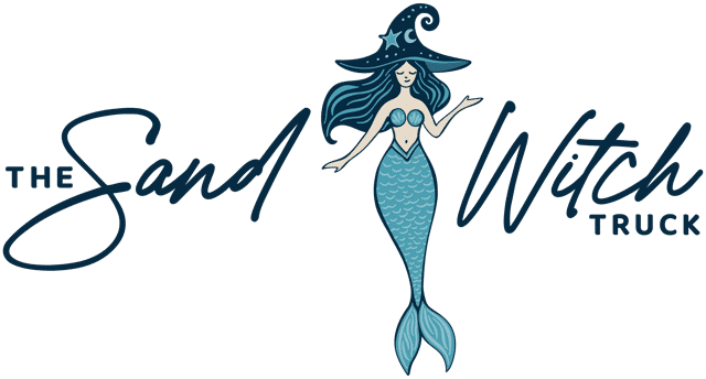 Logo for The SandWitch Truck featuring a whimsical mermaid witch with a turquoise tail and matching hair, wearing a starry witch's hat. The words "The Sand Witch" curve around the mermaid, and "Truck" is stacked to the right.