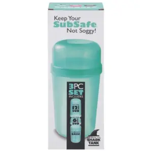 Turquoise SubSafe container with "Keep Your SubSafe Not Soggy!" text and "As Seen on Shark Tank" logo, showcasing a 3-piece set with different lid sizes.