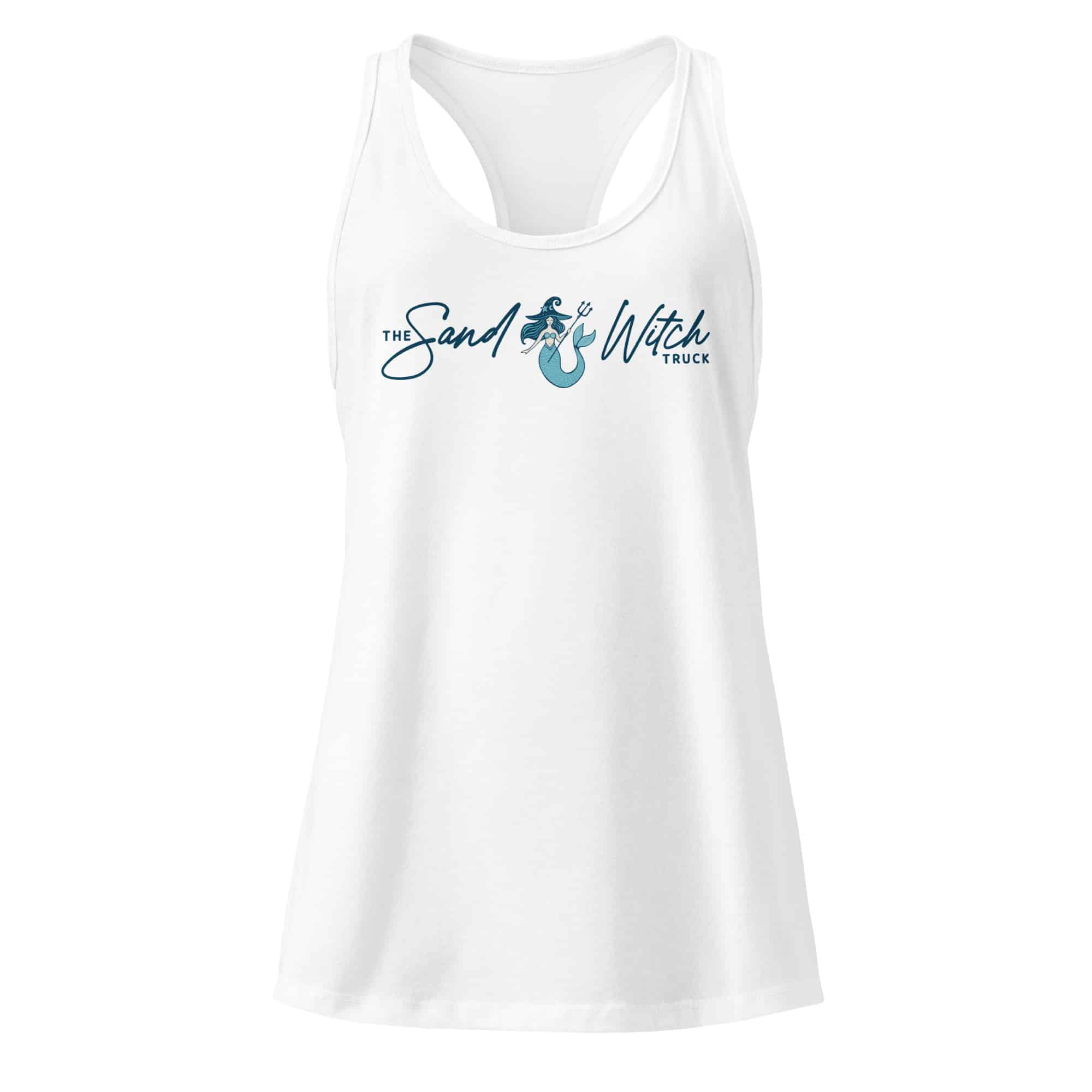 White women's fitted racerback tank top featuring the SandWitch Truck logo with a playful mermaid and trident.