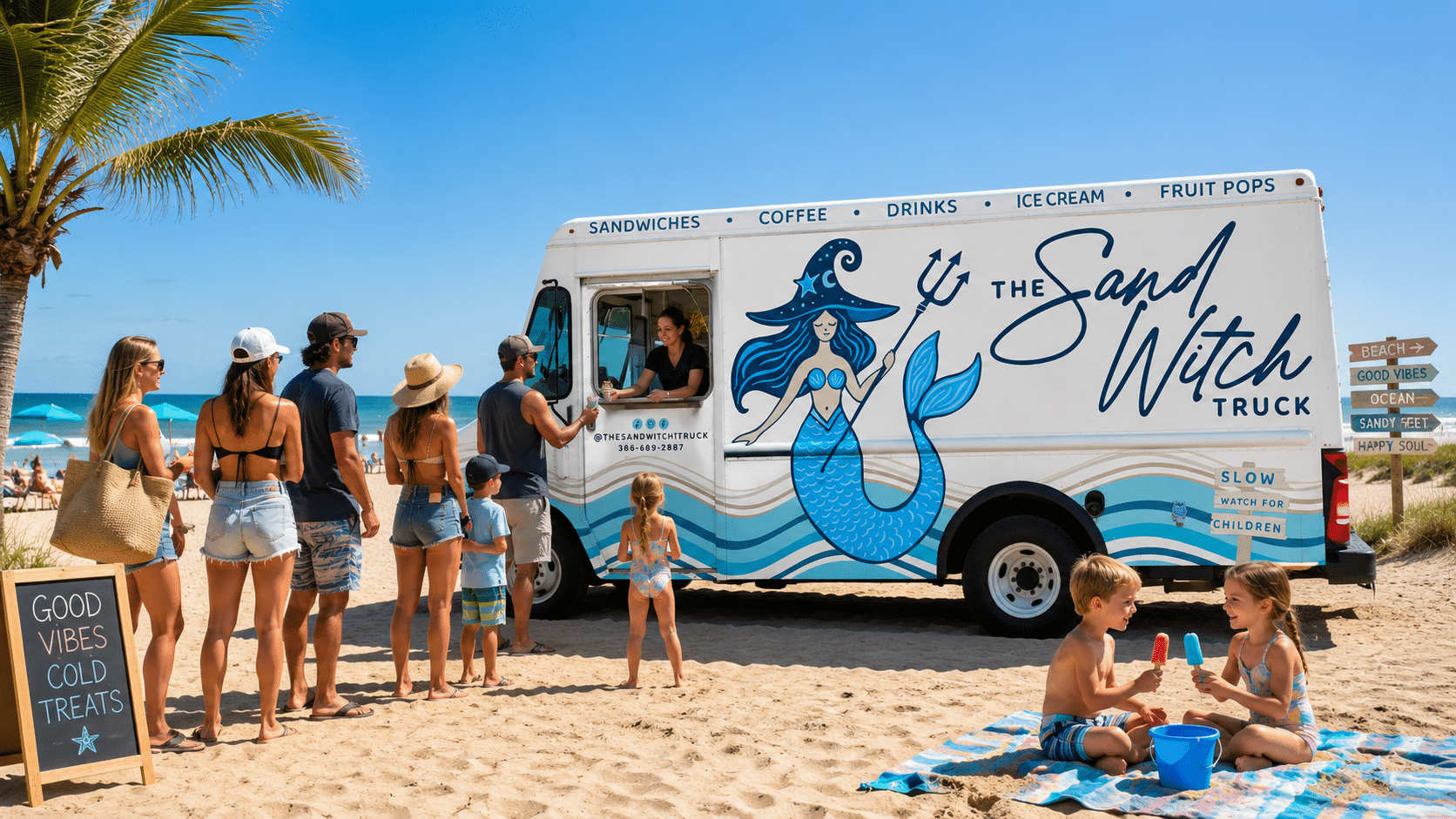 The SandWitch Truck, a white food truck with a whimsical mermaid logo, serves a line of happy customers on a sunny beach. Families enjoy ice cream and sandwiches, embodying the perfect beach day catering experience.
