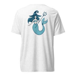 A whimsical witchy mermaid with a trident and a crescent moon hat graces the back of a heather grey short-sleeve t-shirt, ready for your next beach adventure.