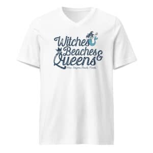White unisex short sleeve v-neck t-shirt featuring a distressed blue graphic with the text Witches Beaches & Queens and a cute mermaid wearing a witch hat.