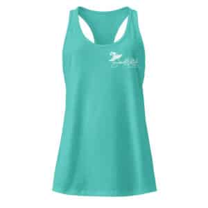 A women's fitted racerback tank top in a vibrant teal color, featuring the white SandWitch logo with a whimsical witch hat and the text The SandWitch and Outer Banks NC.