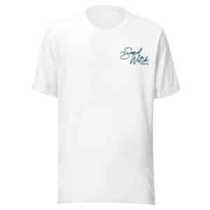 White t-shirt with The SandWitch Truck logo in a stylish blue script, perfect for a day at the witch's beaches.