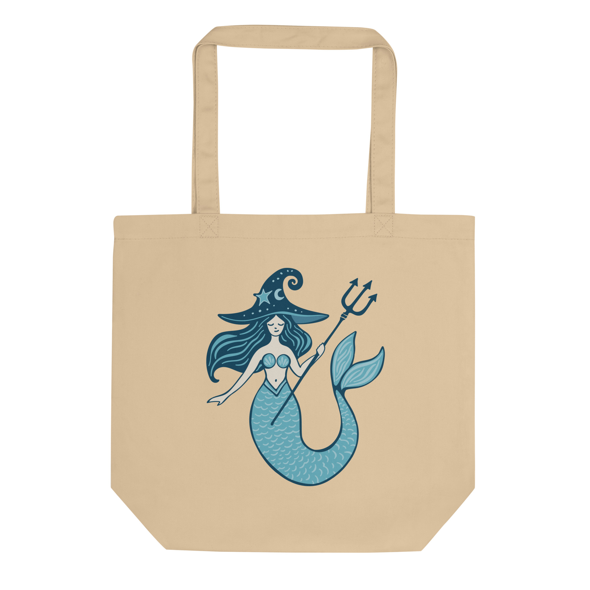 A whimsical witchy mermaid tote bag in a sandy beige color, featuring a blue mermaid wearing a starry witch hat and holding a trident.