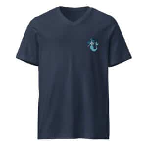 Dark navy unisex short sleeve v-neck t-shirt featuring a small, charming mermaid graphic in shades of blue and teal on the left chest.